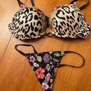 Victoria's Secret Bombshell Add-2-Cup Push-Up Leopard/Floral & Matching Thong